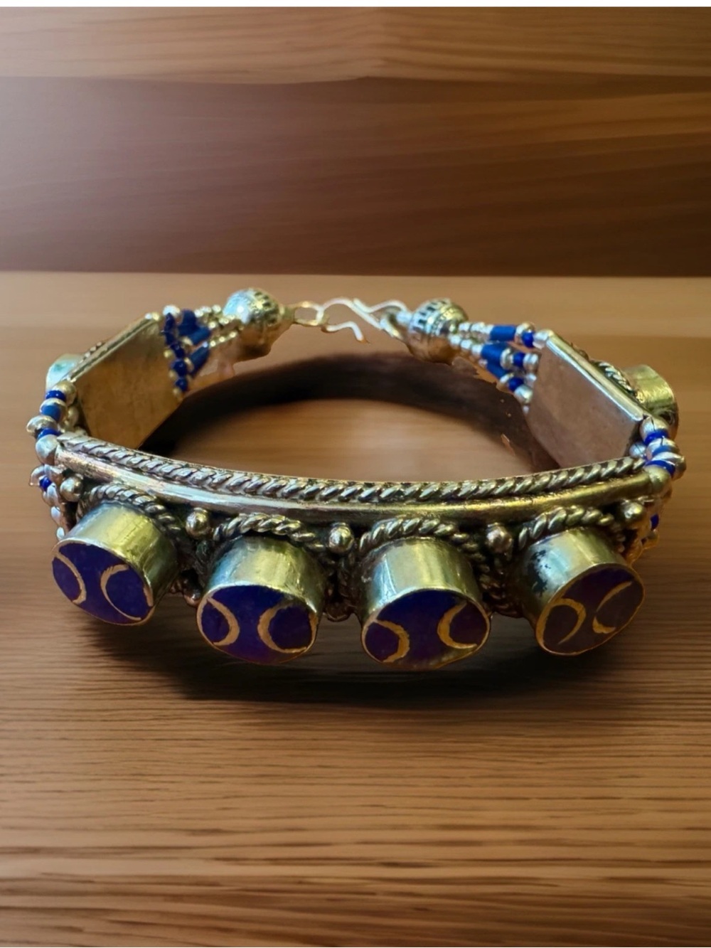 Vintage & Handcrafted Ethnic Tribal Artisan Bracelet Inlay Lapis Set In Silver